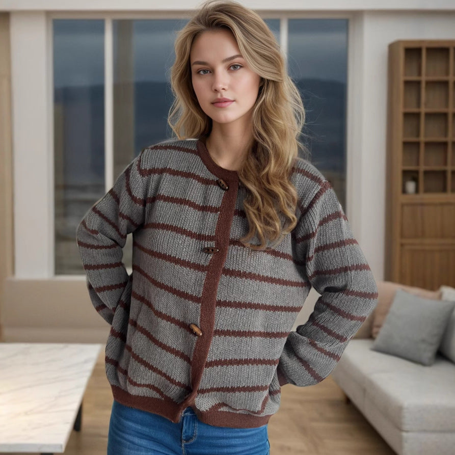 Damen Strickcardigan Lässig Holzknöpfe Streifenmuster Beige