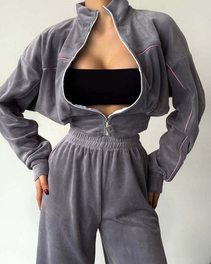 Damen Fleece-Trainingsanzug Kurzreißverschluss Elastischer Bund