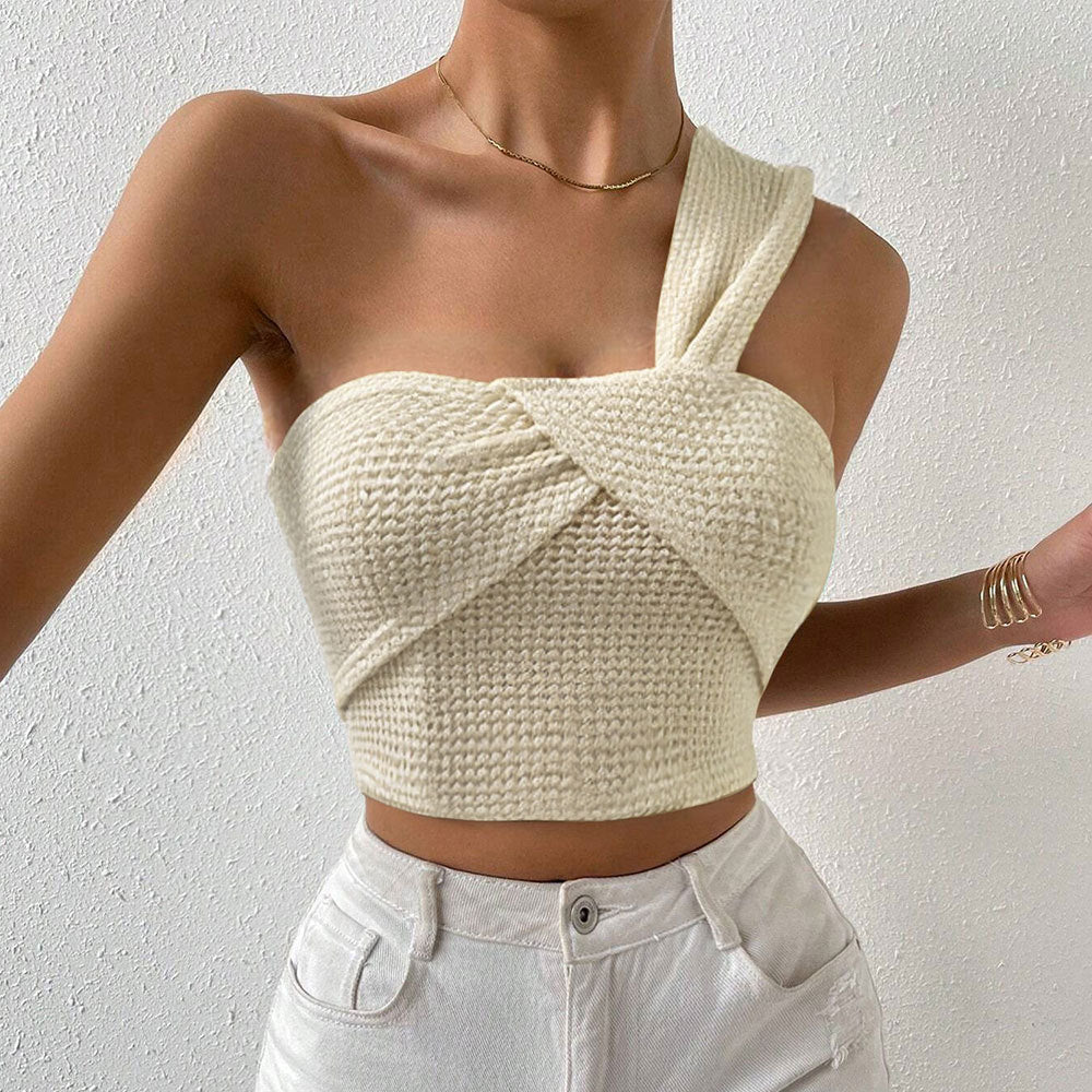 Damen Crop- Elegantes Design Einseitiger Träger Raffung Schwarz - Norvielle