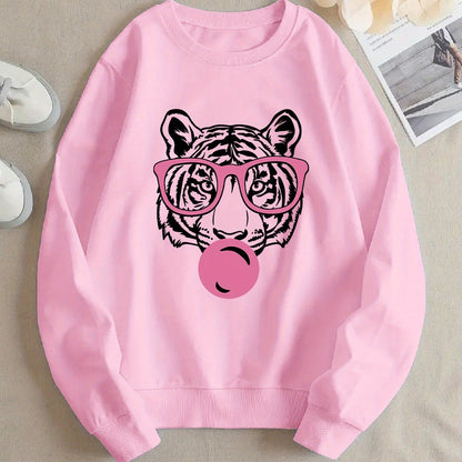 Damen Sweatshirt Tiger-Design Lässig Grau