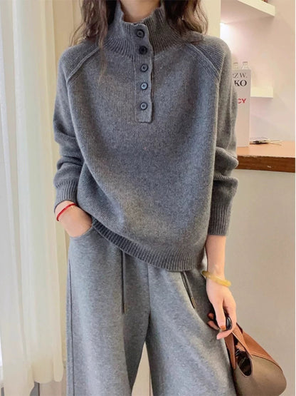 Damen Grobstrickpullover Hochkragen Dekorative Knöpfe Norvielle