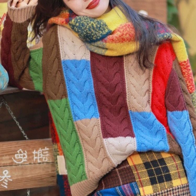 Damen Grobstrickpullover Bunt Patchwork Norvielle