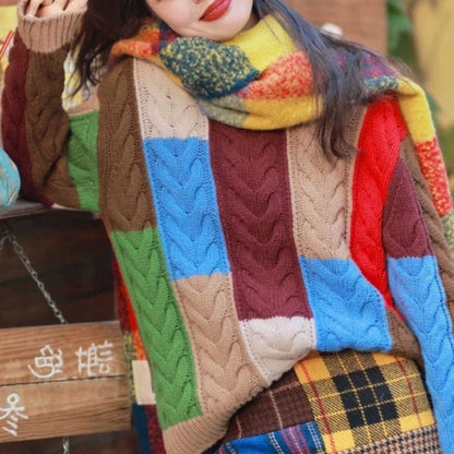 Damen Grobstrickpullover Patchwork Muster Norvielle