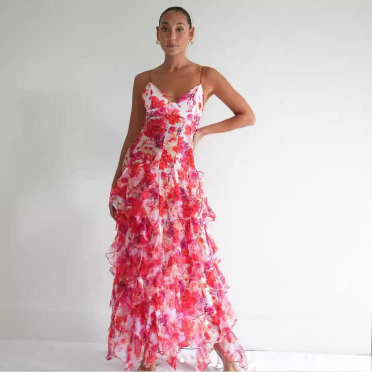 Damen Langarmkleid Florales Design Rüschen Norvielle