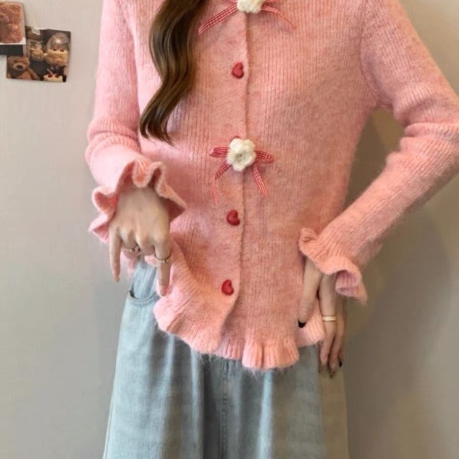 Damen Strickjacke Dekorative Blumenmotive Norvielle