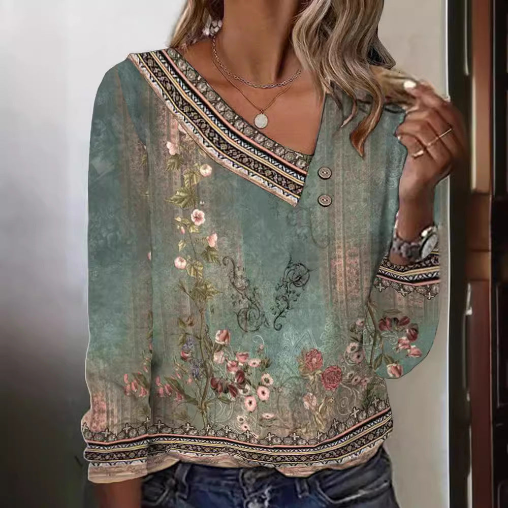 Damen Bluse Floralmuster V-Ausschnitt Bluse Norvielle
