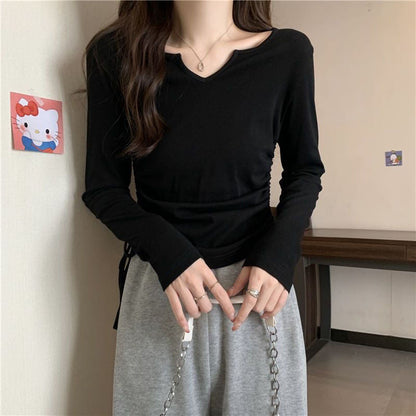 Damen Langarmshirt V-Ausschnitt Raffung Norvielle