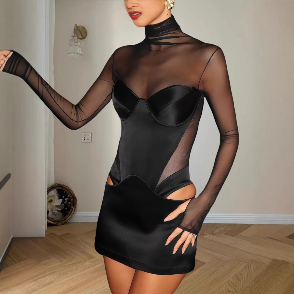 Damen Kleid Figurbetonter Stil Transparente Einsätze Rautenförmige