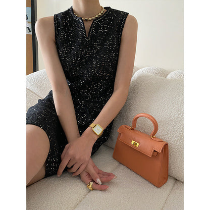 Damen Ärmelloses Kleid Strukturiertes Gewebe Mit Taschen