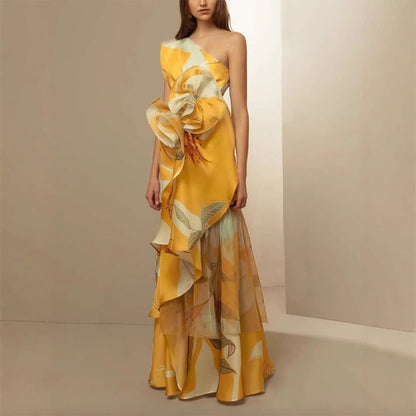 Damen Abendkleid Asymmetrisch Fließender Rock Rüschen