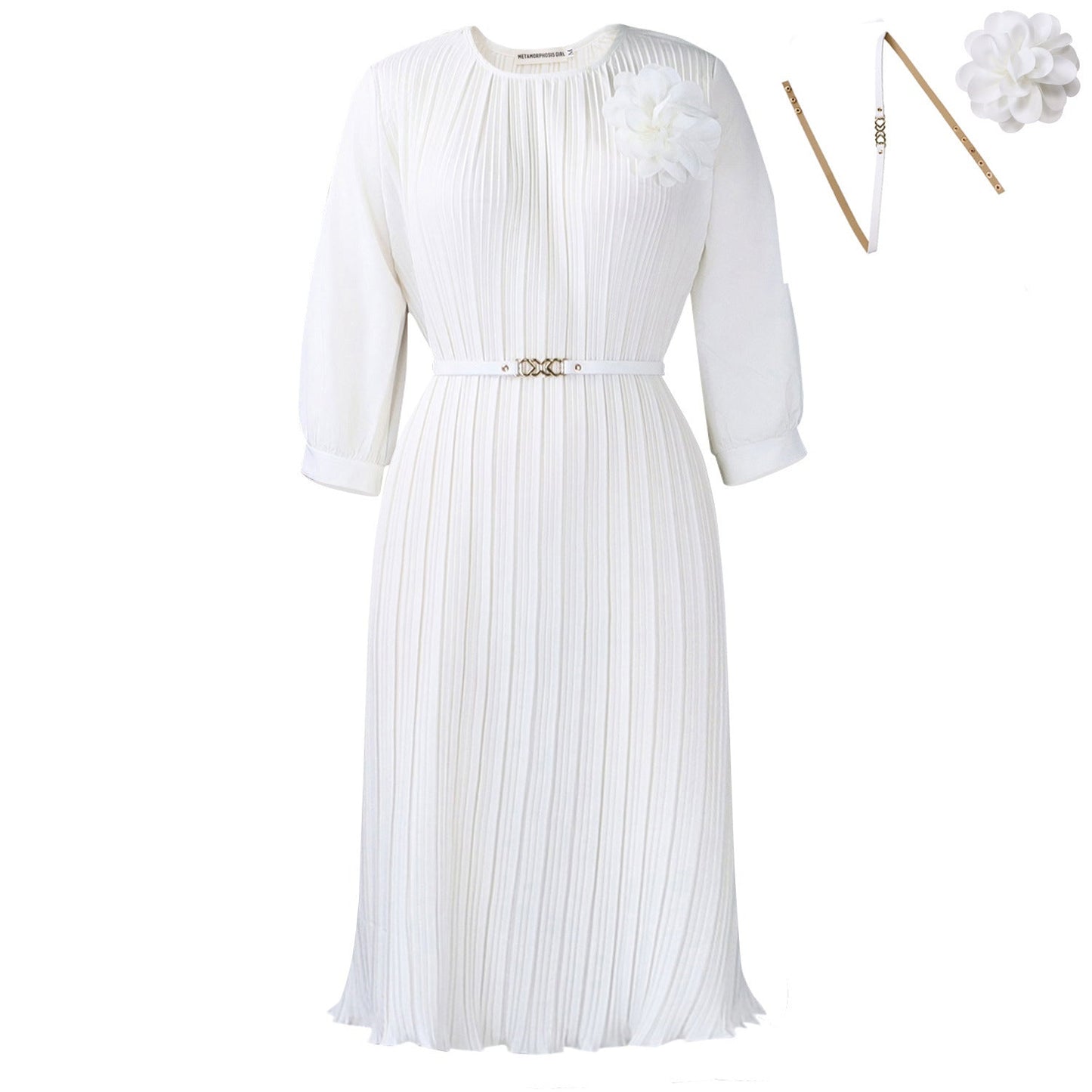 Damen Midi-Kleid Plissee Blumenapplikation Norvielle
