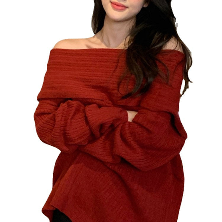 Damen Oversized Pullover Off-Shoulder Rippstruktur Beige