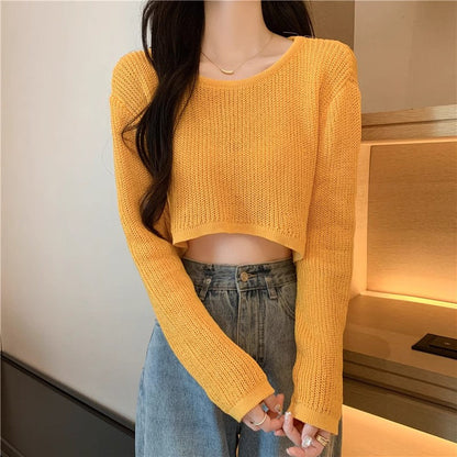 Damen Cropped Pullover Feinripp Strick Lässig Beige