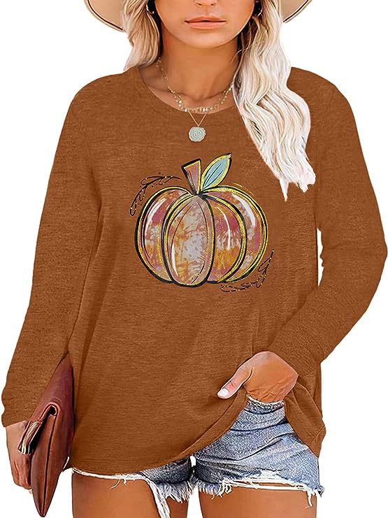 Damen Langarmshirt Kürbis-Motiv Baumwolle Herbstfarben