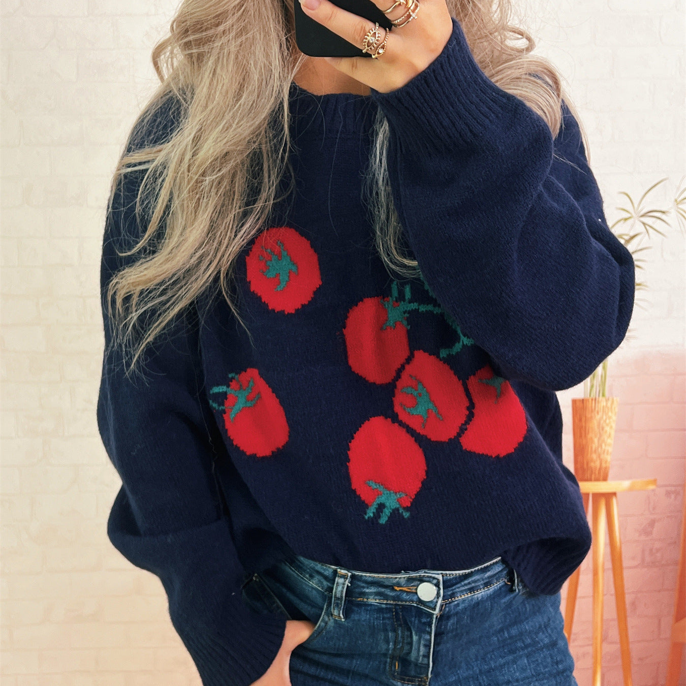 Damen Strickpullover Tomatenmuster Lässiger Schnitt Norvielle