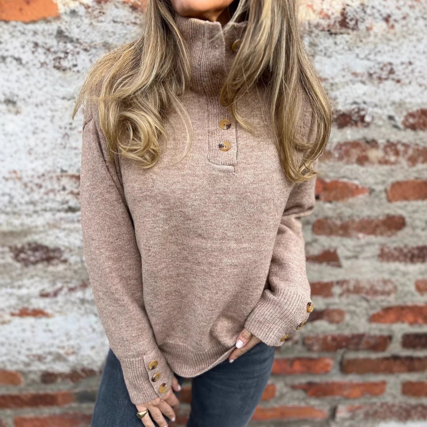 Damen Pullover Hohler Kragen Dekorative Knöpfe Norvielle - Norvielle