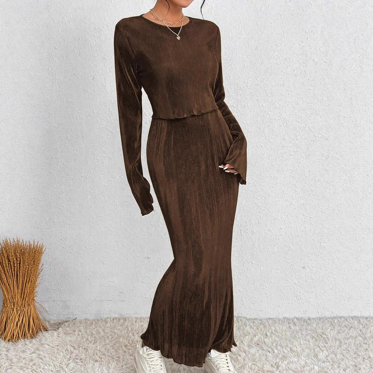 Damen Maxikleid Länge Langärmelig Elegant Norvielle