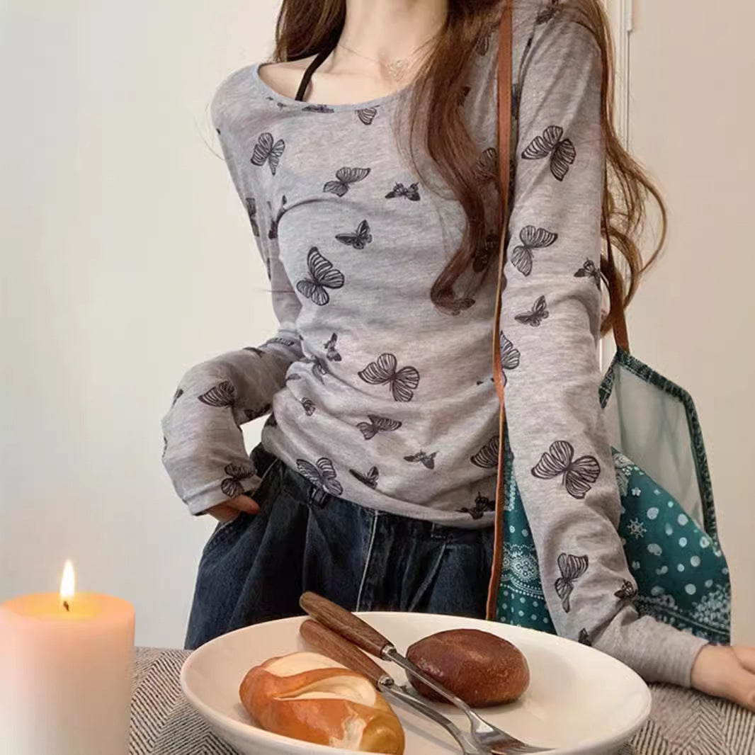 Damen Langarmshirt Feines Schmetterlingsmuster