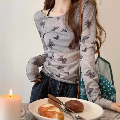 Damen Langarmshirt Feines Schmetterlingsmuster