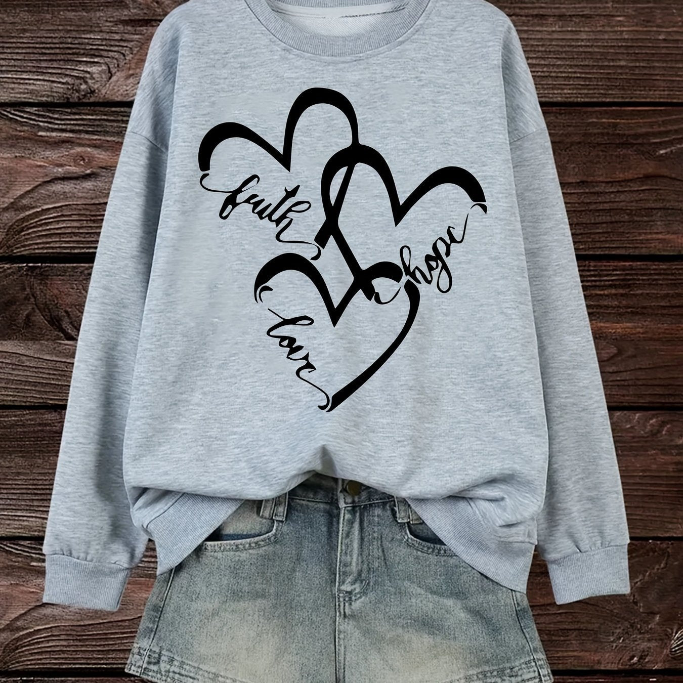 Damen Sweatshirt Romantische Herzen Aufdruck Rosa
