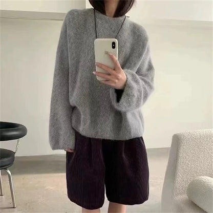Damen Oversized Pullover Mohair-Wolle Flauschig Beige