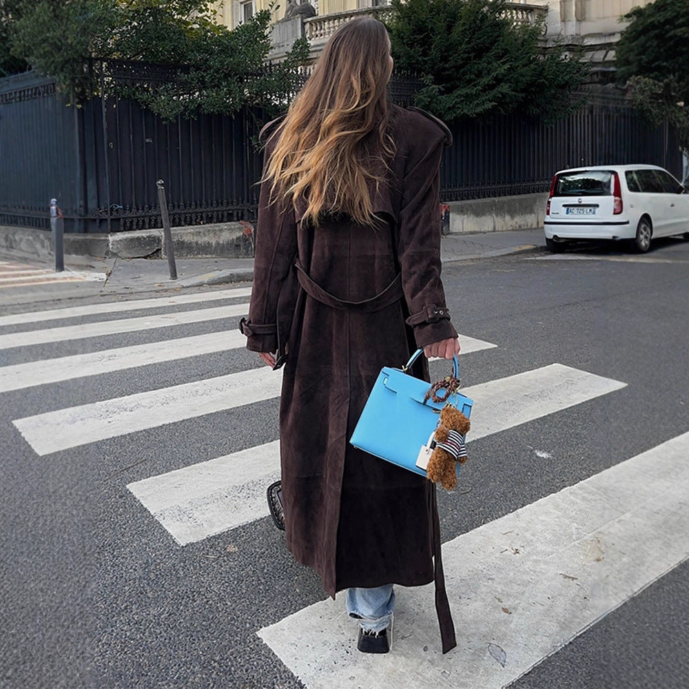 Damen Suede-Trenchcoat Lang Norvielle Beige