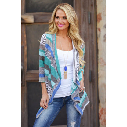 Damen Strickjacke Streifenmuster Offener Schnitt Beige