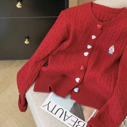 Damen Strickjacke mit Herzknöpfen Durchgehendes Muster Norvielle