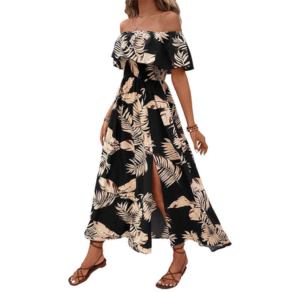 Damen Maxikleid Schulterfrei Rüschenbesatz Elegant