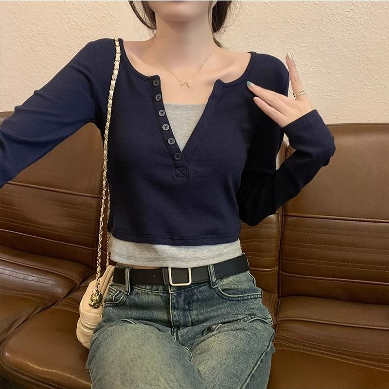Damen Langarmshirt Rundhalsausschnitt Knopfleiste Norvielle