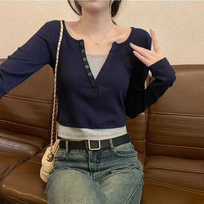 Damen Langarmshirt Rundhalsausschnitt Knopfleiste Norvielle