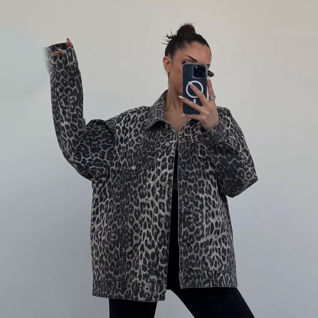 Damen Oversized Jeansjacke Leopardenmuster Schwarz - Norvielle