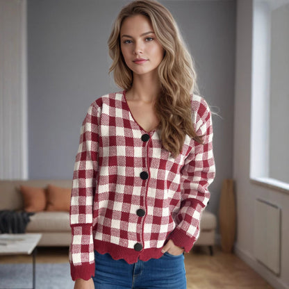 Damen Strickjacke Kontrastmuster Knöpfe Norvielle