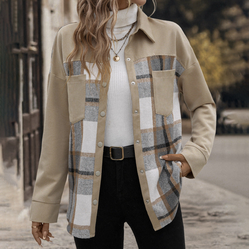 Damen Oversized Hemdjacke Kariert Baumwolle Praktische Taschen Beige