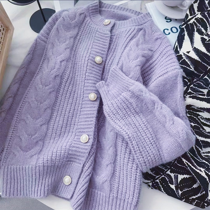 Damen Strickcardigan Kuschelig Perlenknöpfe Beige Norvielle
