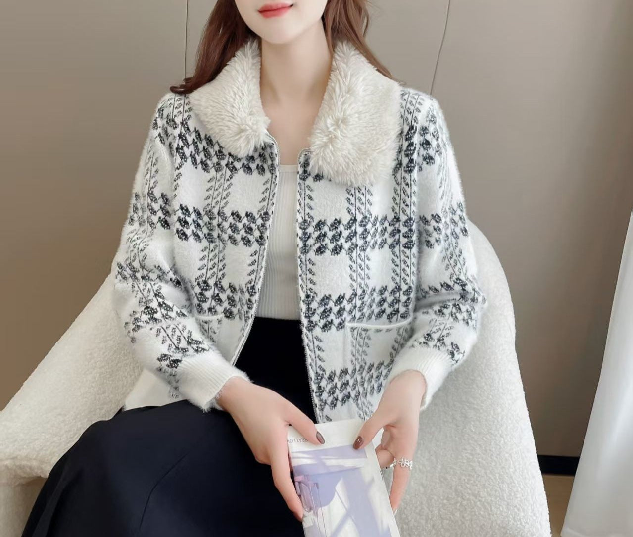 Damen Strickjacke Kunstfellkragen Norvielle