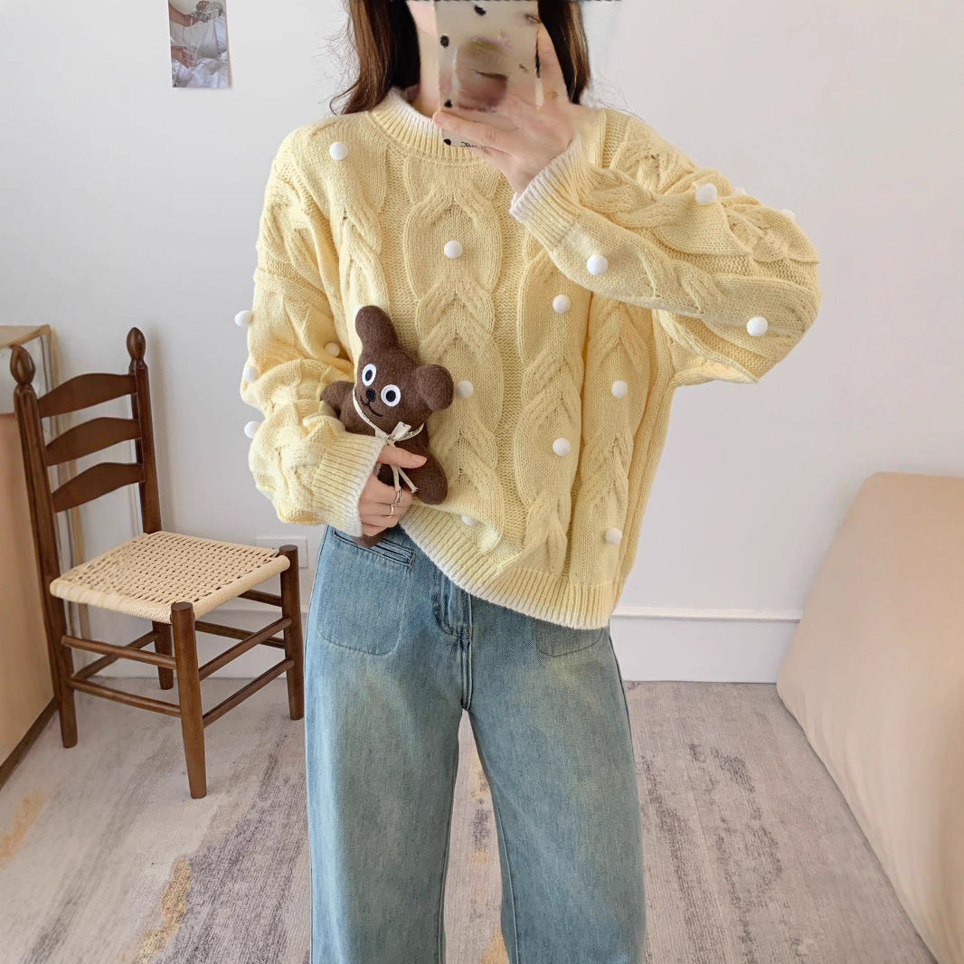 Damen Oversize Pullover Grobgestrickt Lässig Zopfmuster Beige