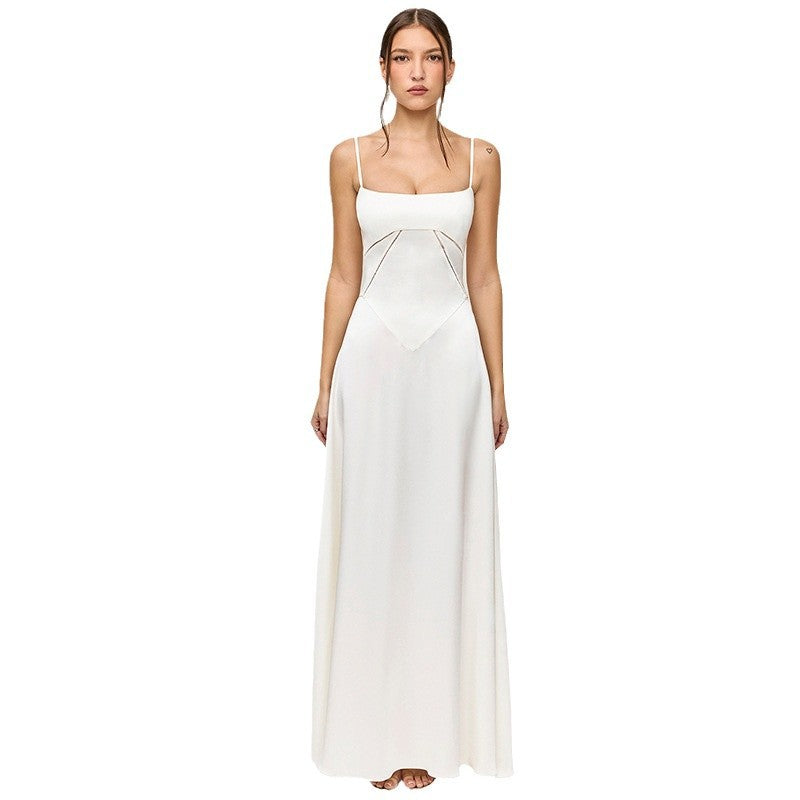 Damen Satin Maxikleid mit Trägern Figurbetont