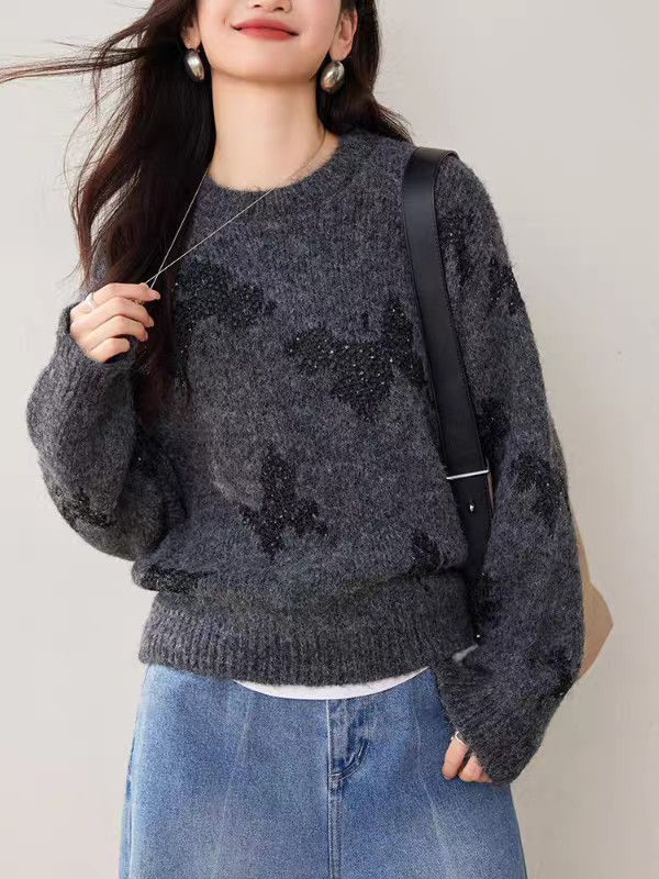 Damen Strickpullover Glitzernde Schmetterlingsapplikationen Norvielle
