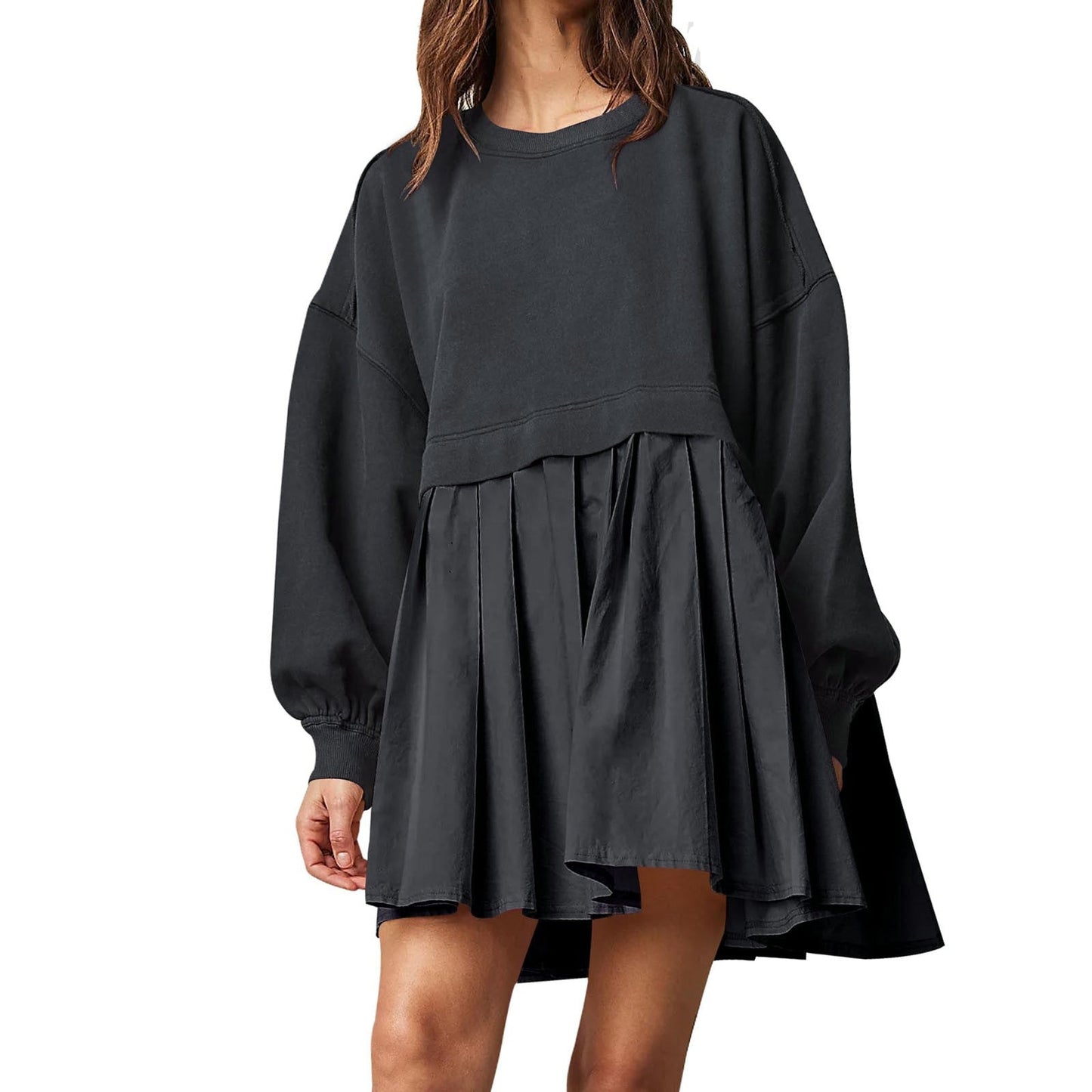Damen Oversized Sweatshirt Kleid Plissee-Rock Rundhals