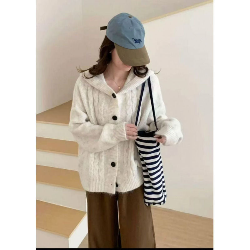 Damen Strickjacke Kapuzenpullover mit Knöpfen Beige