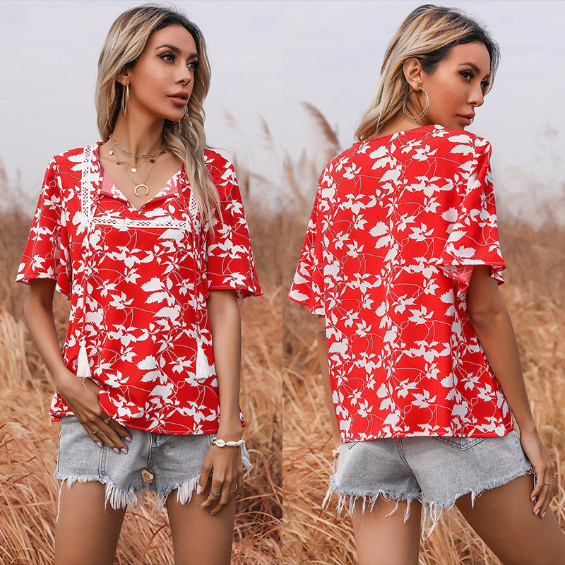 Damen Bluse Floralmuster V-Ausschnitt Elegante Bluse