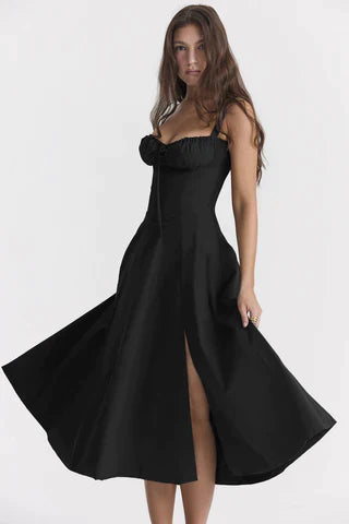 Schwarzes Damen Midikleid A-Linie mit Trägern - Norvielle