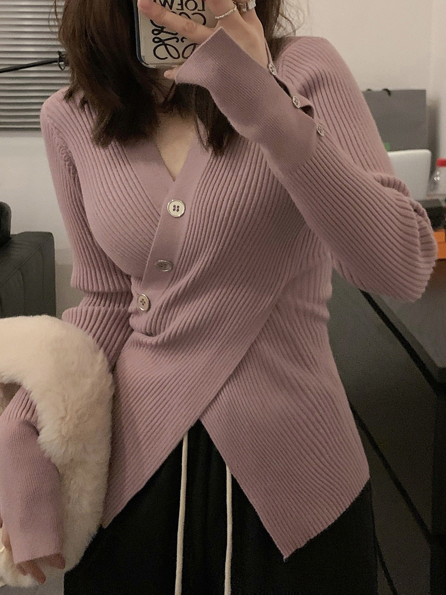 Damen Rippstrick-Cardigan V-Ausschnitt Knöpfe Norvielle