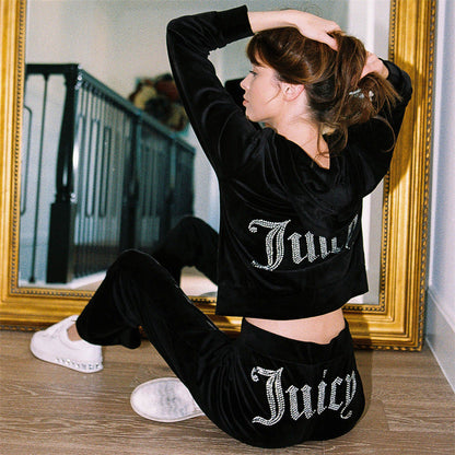 Damen Velours-Jogginganzug Glitzerakzente Elastischer Bund