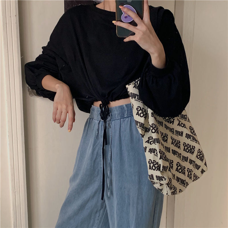 Damen Cropped Sweatshirt Oversized Ärmel Kordelzug Grau
