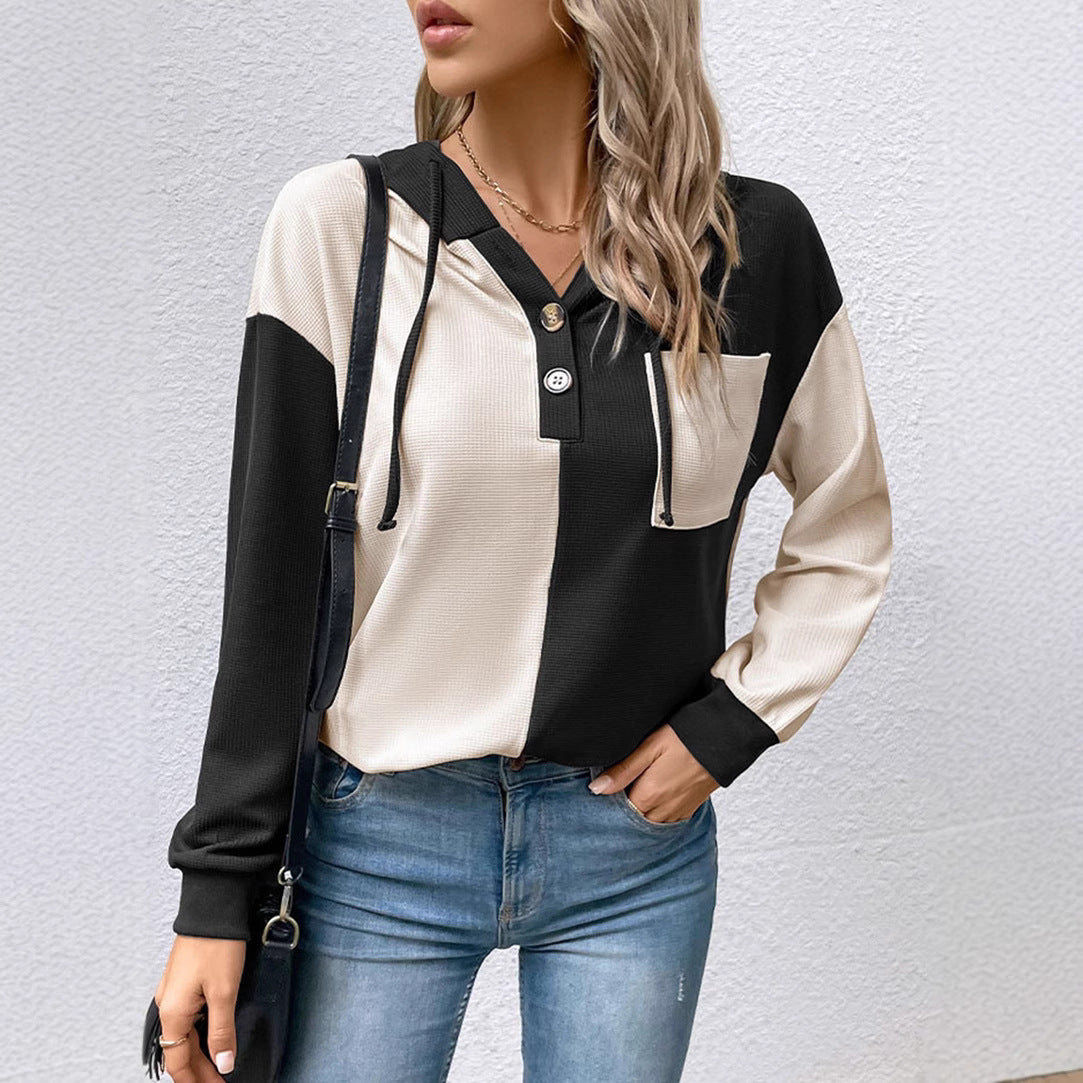 Damen Kapuzenbluse Kontrastfarben Lässig