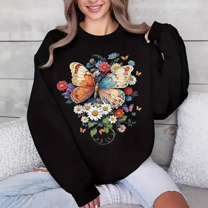Damen Sweatshirt Langarm Floralmuster Schmetterling Norvielle