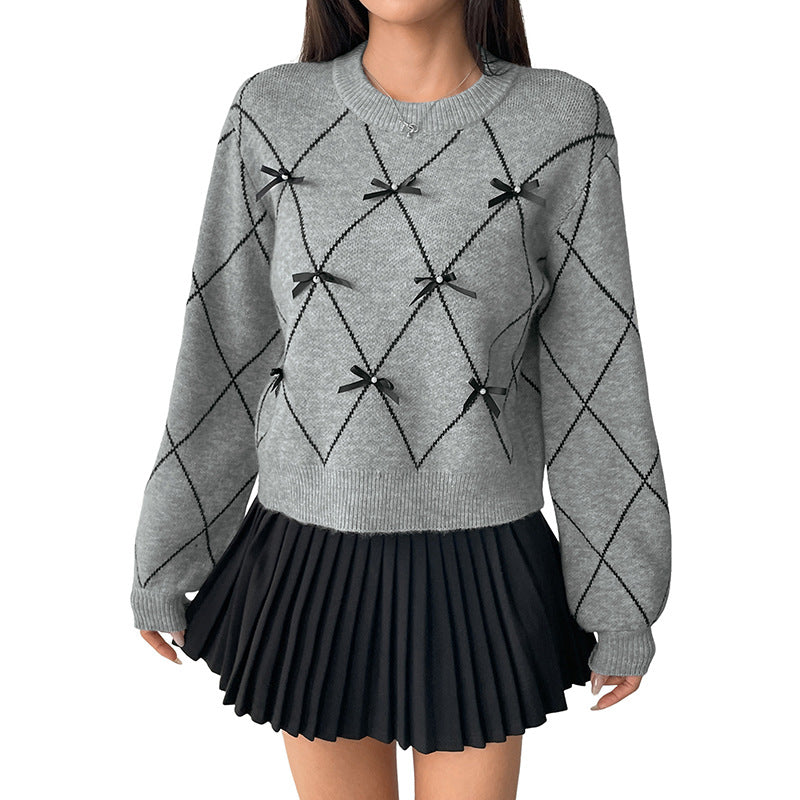 Damen Strickpullover Rautenmuster Schleifen Norvielle