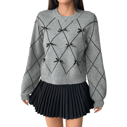 Damen Strickpullover Rautenmuster Schleifen Norvielle